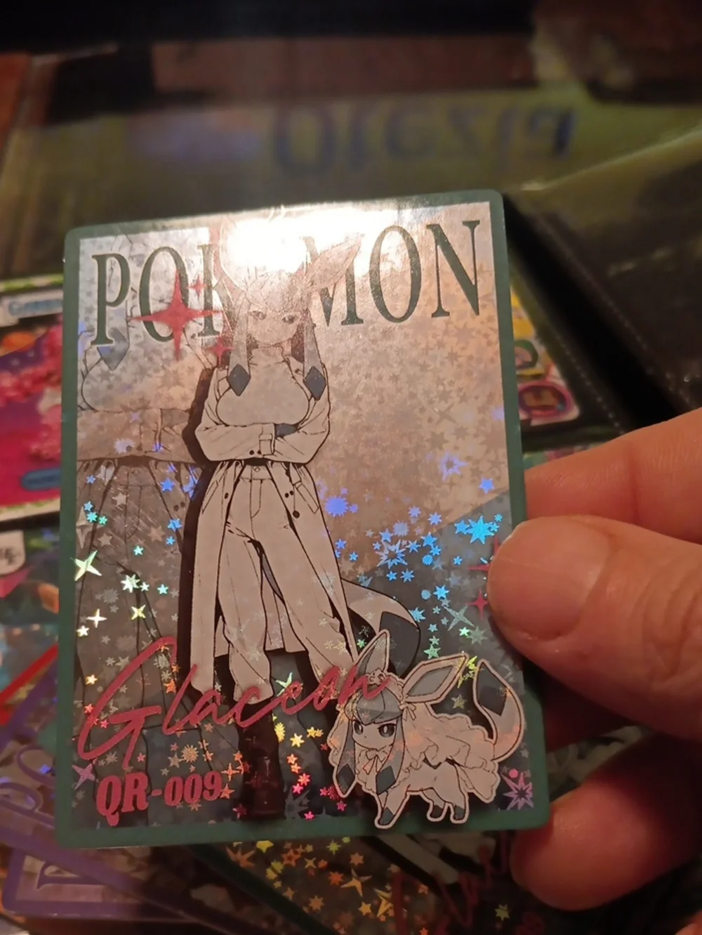 Pokemon Holographic Glaceon Trading Card - Blue, Silver, Pink Accents
